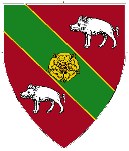  arms: Gules, on a bend Vert fimbriated Or between two boars statant Argent, a rose Or