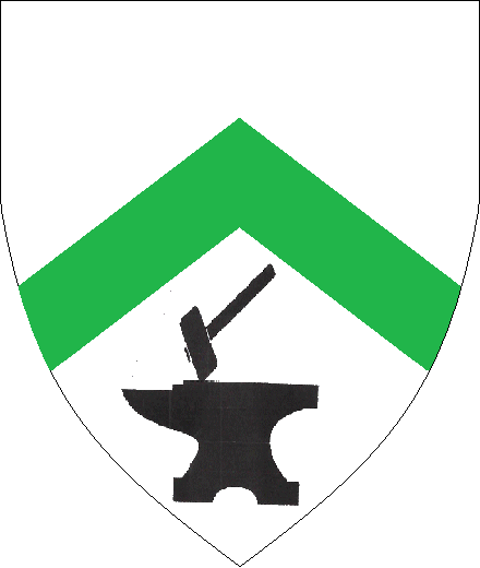  arms: Argent, a chevron Vert and in base a hammer bend sinisterwise striking an anvil Sable.