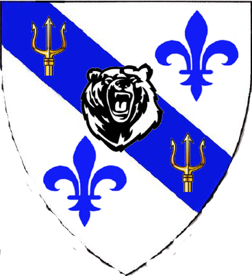  arms: Argent, on a bend between two fleur-de-lis' Azure, between two tridents Or a bear's head caboshed Argent.